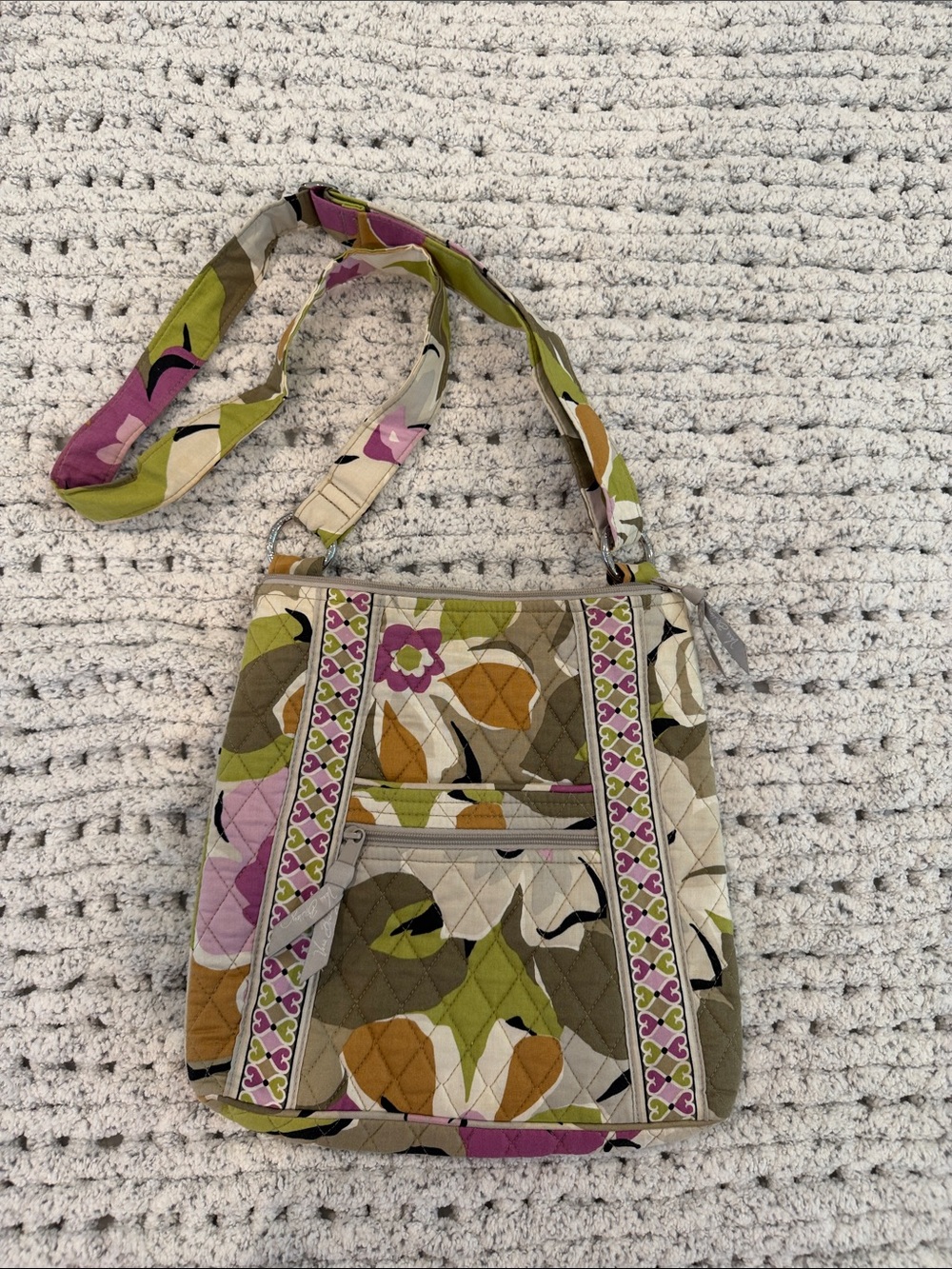 Vera Bradley Quilted Floral Crossbody Bag with Zipper and Pockets - Green & Pink